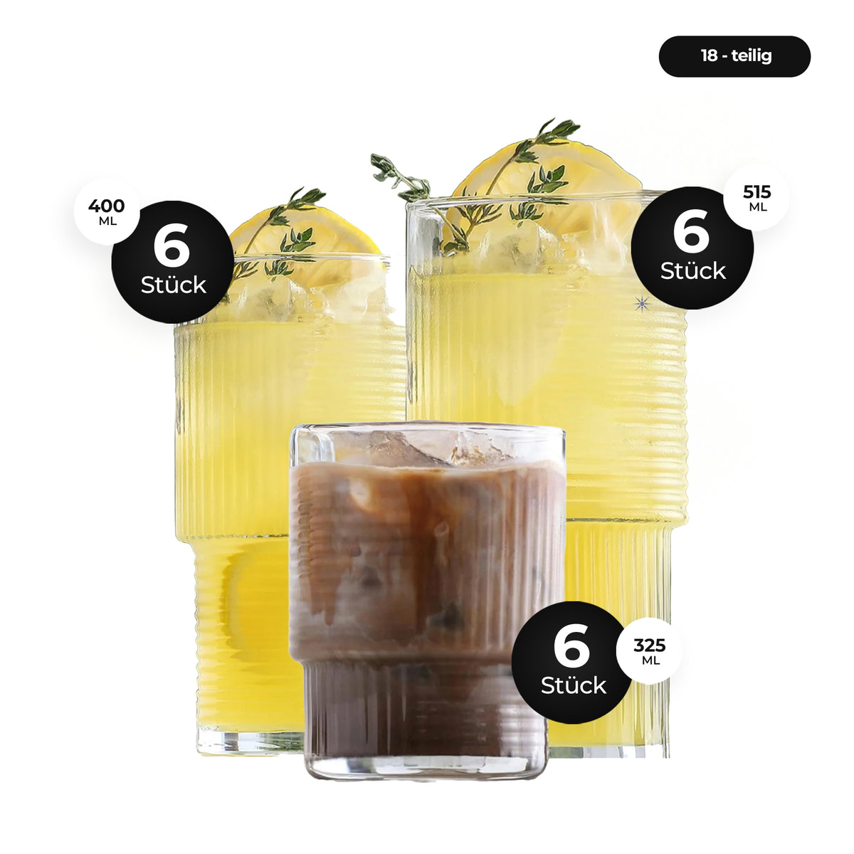 LAV Helen Gläser-Set -18-Teilig (325ml, 400ml, 515ml) - Moment der Nutzung - dreiteiliges Set