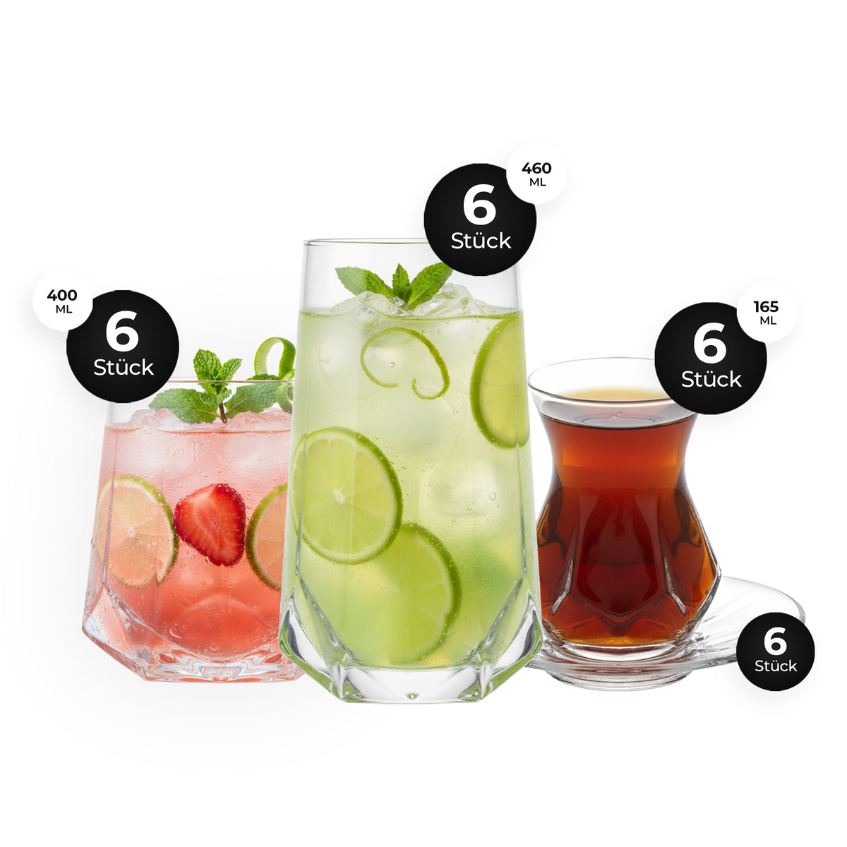 AV ALYA & VALERIA Gläser-Set 24-teilig – 6 Personen – Teegläser 165 ml & Wassergläser 400/460 ml