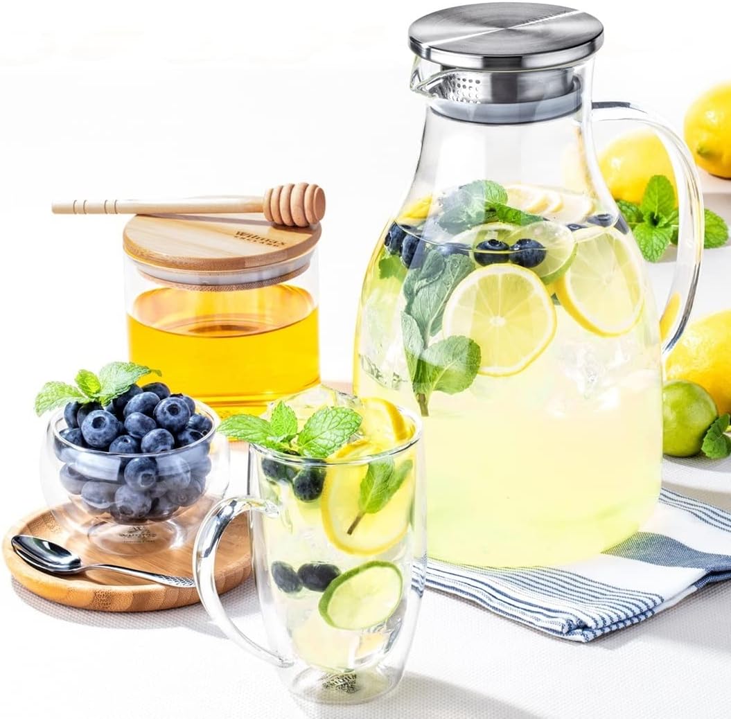 Wilmax Borosilikat Glas Krug mit Edelstahl-Deckel