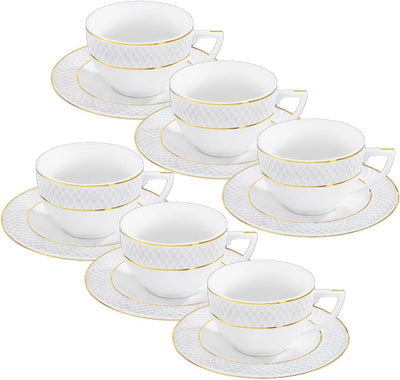 Wilmax Teetasse mit Untertasse 240 ml Weiß Goldrand Porzellan 6er Set WL-880102404/AB6