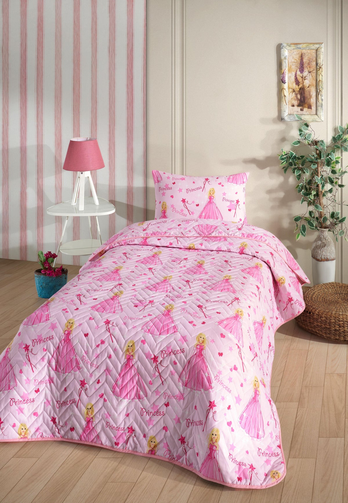 Prinzessinnen Gemusterte Kinder-Jugendzimmer Einzel-Tagesdecke-Bettbezug-Set 160x230 cm (OHNE LAKEN)