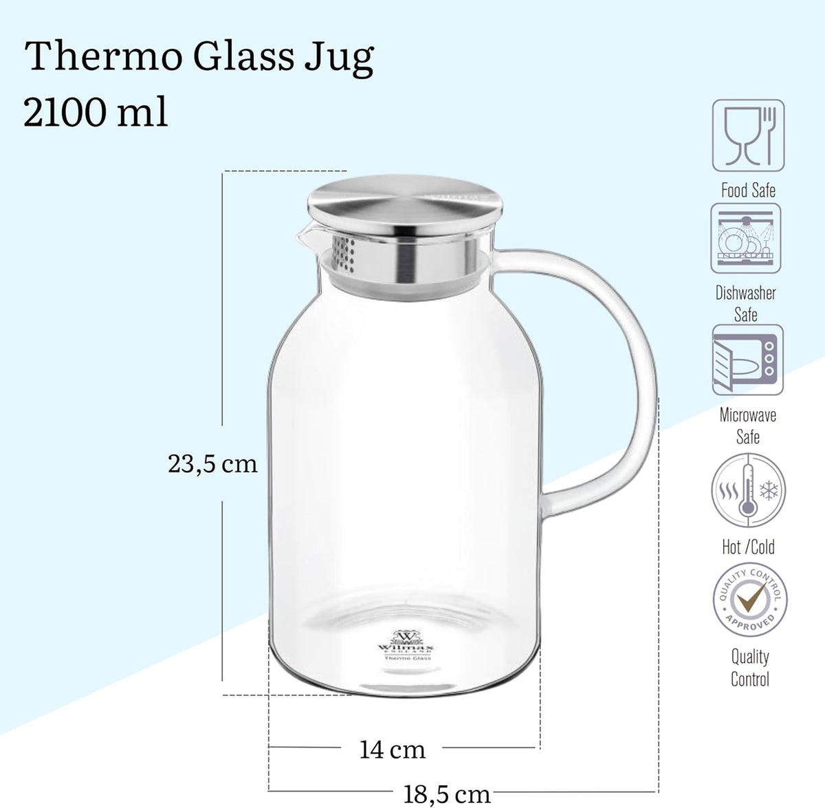 Wilmax Krug 2100 ml Thermoglas mit Edelstahl Deckel Transparent