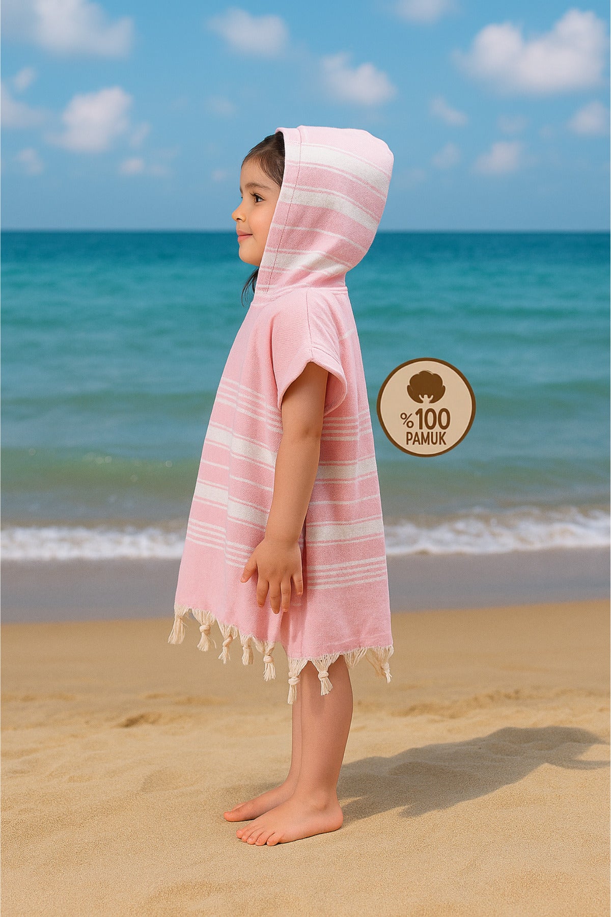 Children's Bathrobe Poncho 100% Cotton Beach Towel Peshtemal Pink