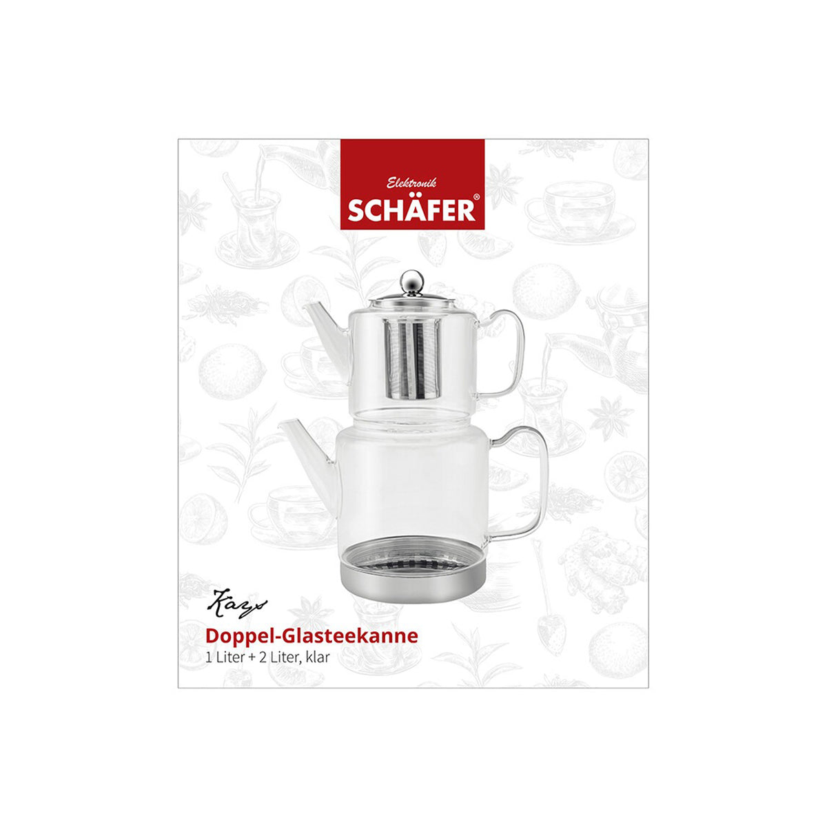 Schäfer Home Harmonie Doppel-Glasteekanne - Induktion, 600 ml - 1,5 l, gerillt - Verpackung