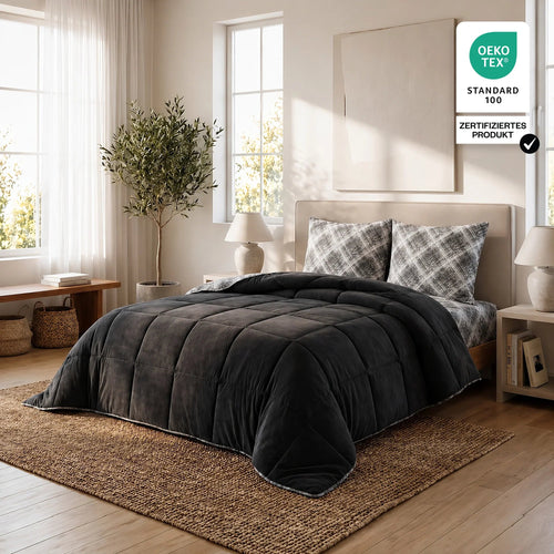 Formeya Luxus-Wellsoft-Steppdecken-Set Schwarz mit Kissenbezug doppelseitig