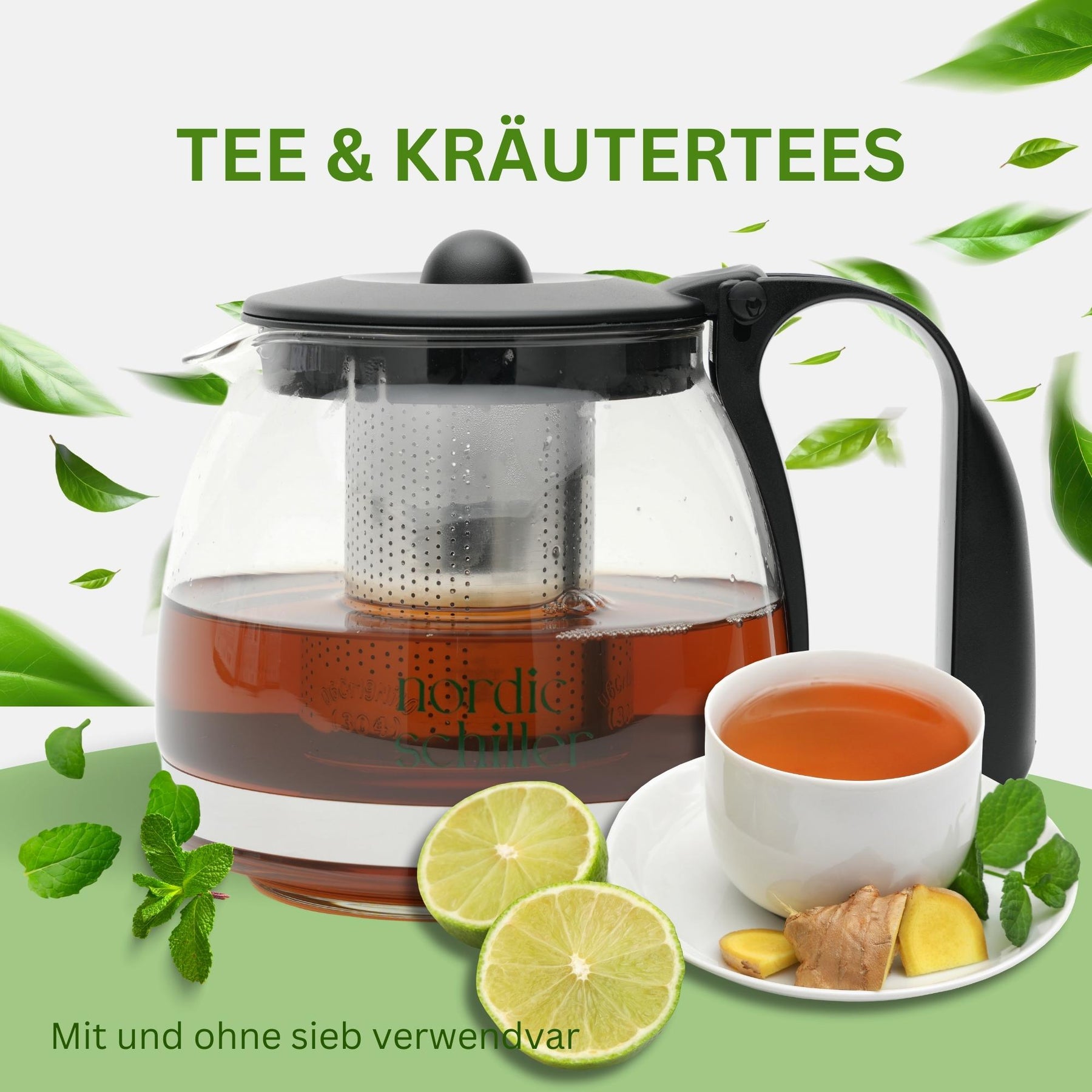 Nordic Schiller Lilac Glas Teekanne mit Deckel und Edelstahl-Sieb – 1250 ml