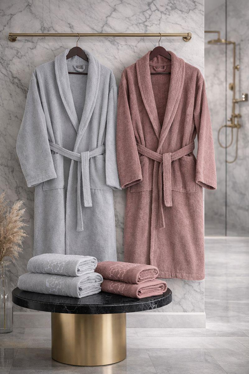 6-Piece Premium 80% Baumwolle Jacquard Bathrobe & Towel Set - Gift Boxed Grey-Powder