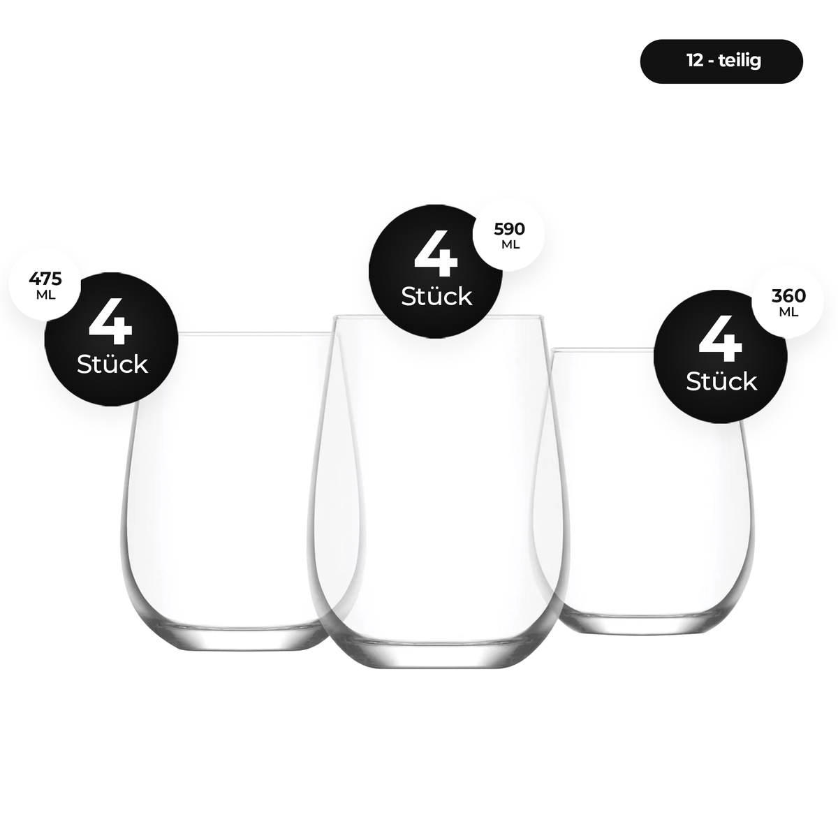 LAV Gaia Trinkgläser Set 12-tlg. - 3 Größen (360, 475 & 590 ml)