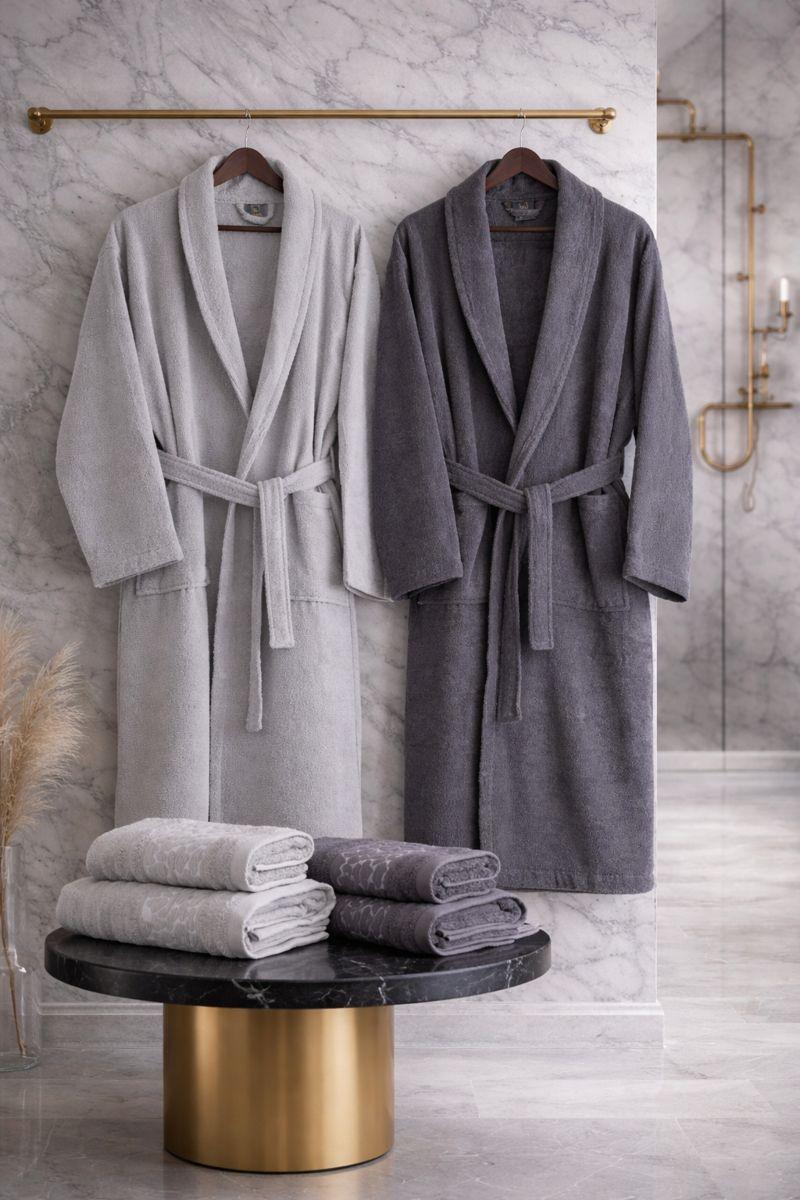 6-teiliges Premium-Bademantel- und Handtuchset aus 100 % Baumwolle (Jacquard) - Geschenkverpackung, Grau-Anthrazit
