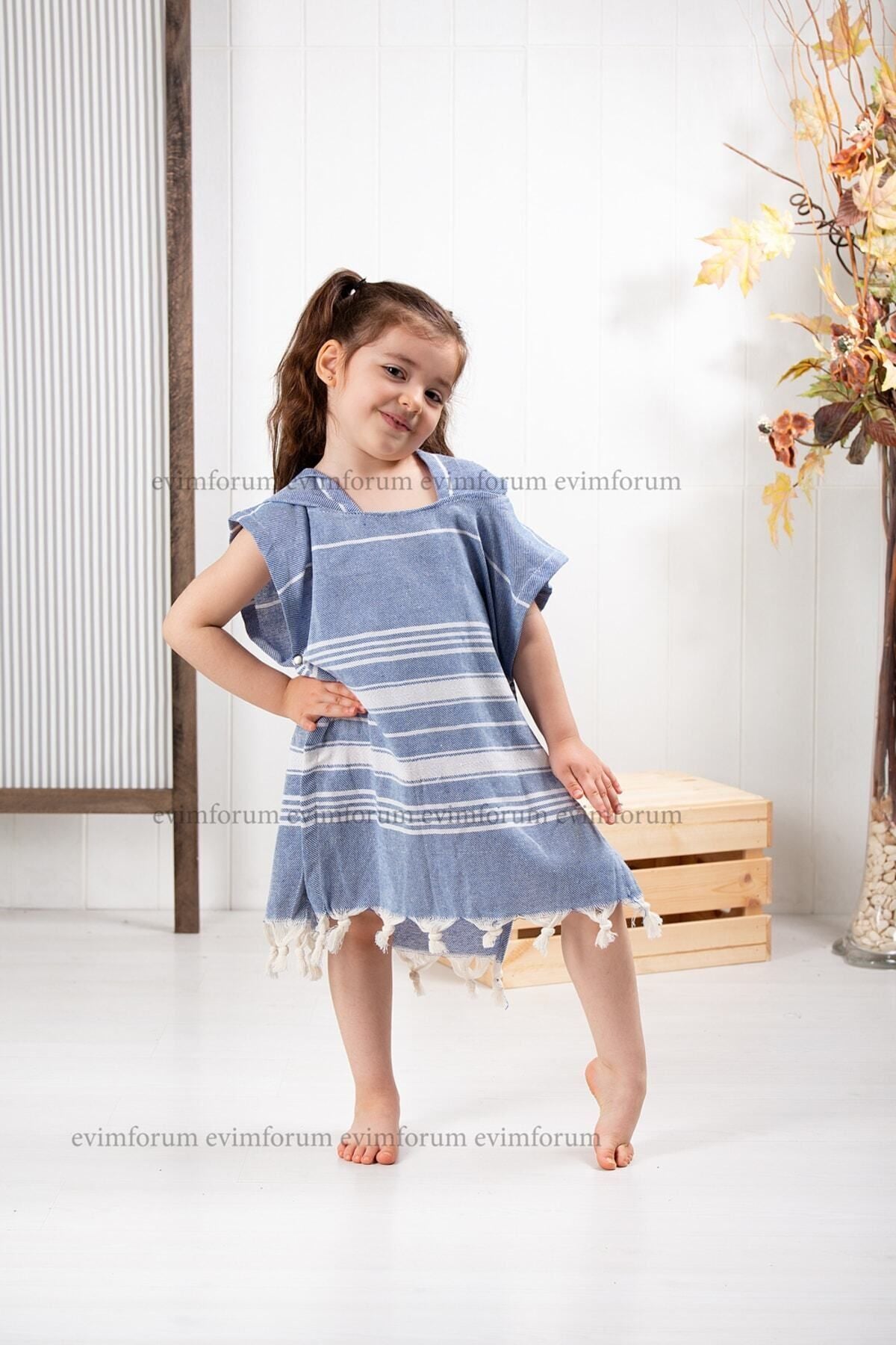 Children's Bathrobe Poncho 100% Cotton Beach Towel Peshtemal Blue