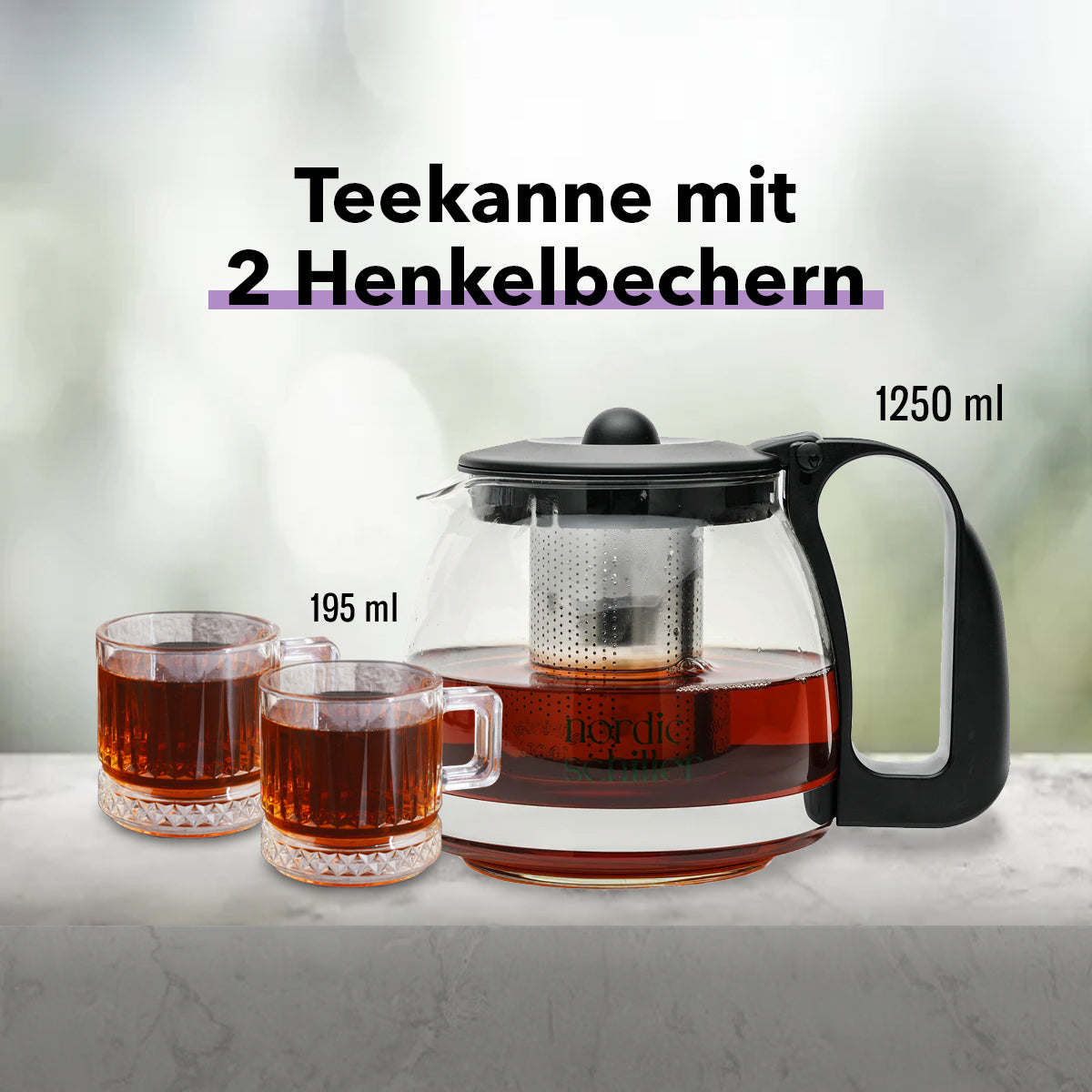 Nordic Schiller Tee-Set mit großer Teekanne (1250 ml) und zwei Henkelbechern im Kristall-Design, stilvolle Kombination für Teegenuss