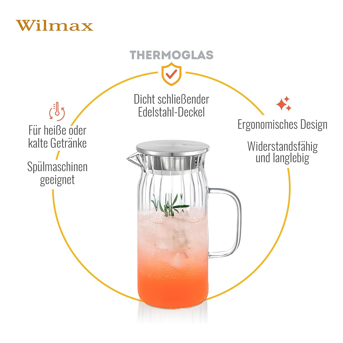 Wilmax Karaffe 1500 ml Thermoglas mit Edelstahl Deckel Transparent WL-888220/A
