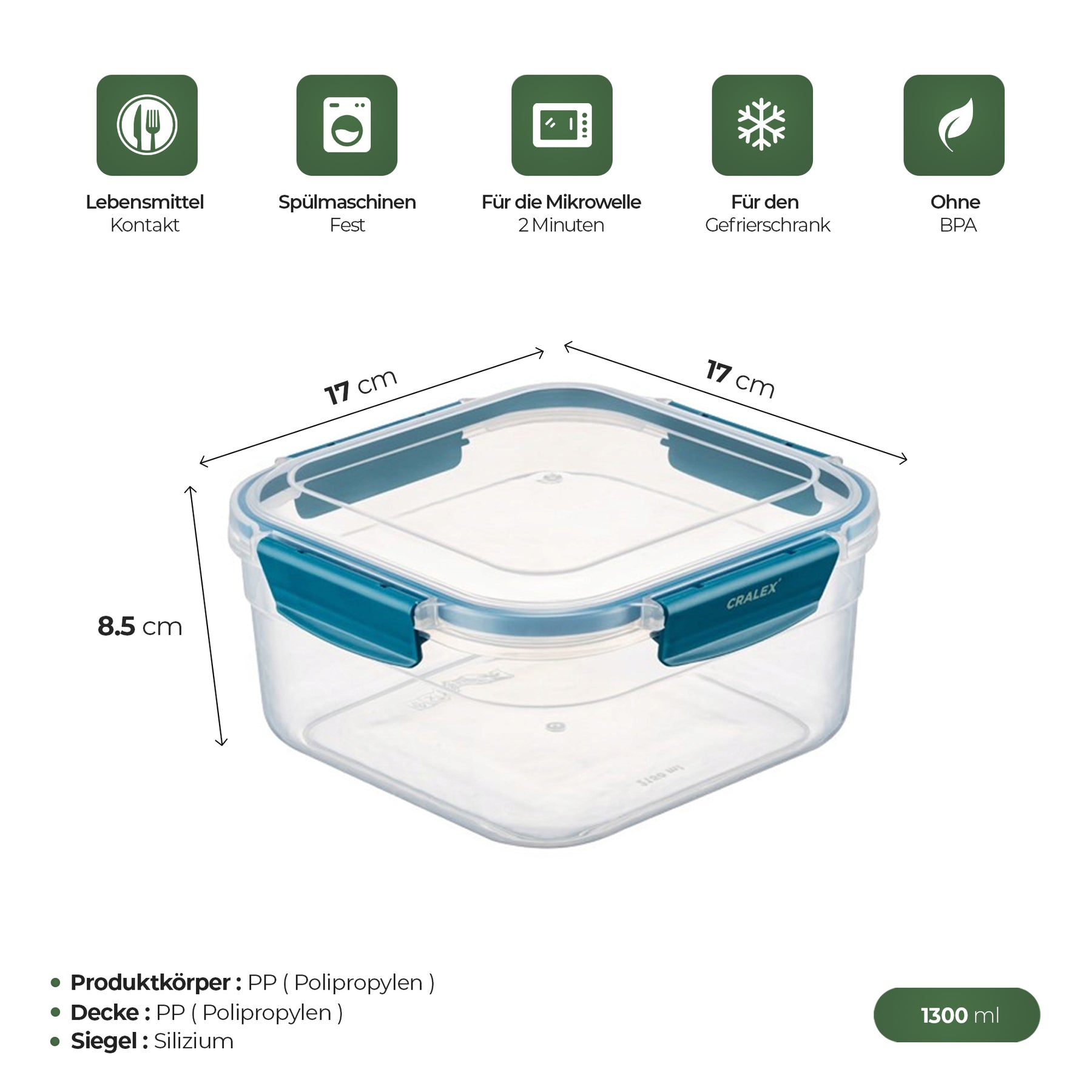 CRALEX Bona Airtight quadratische Lebensmittelbehälter, 3er-Set (700 ml / 1,3 l / 2,15 l)