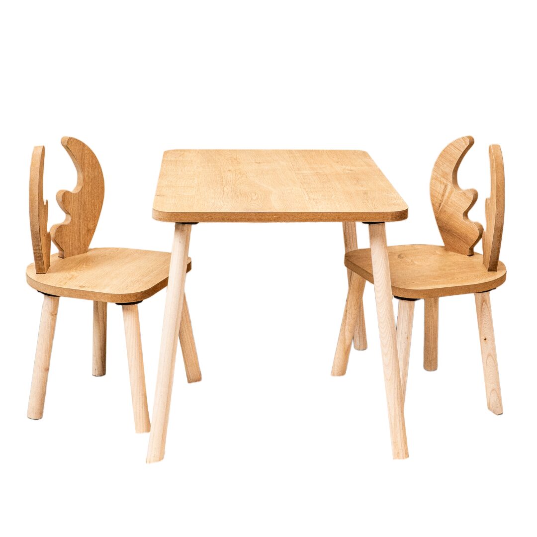 COZYCOLLECTIONS Kindertisch-Set mit Tiermotiv-Stühlen aus Naturholz