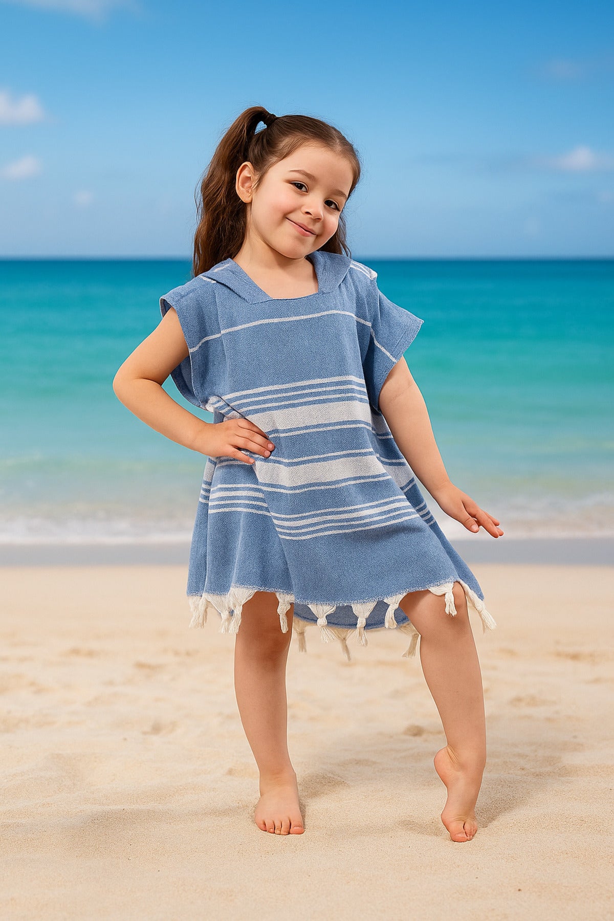 Children's Bathrobe Poncho 100% Cotton Beach Towel Peshtemal Blue