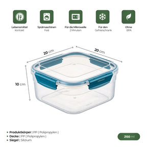 CRALEX Bona Airtight quadratische Lebensmittelbehälter, 3er-Set (700 ml / 1,3 l / 2,15 l)