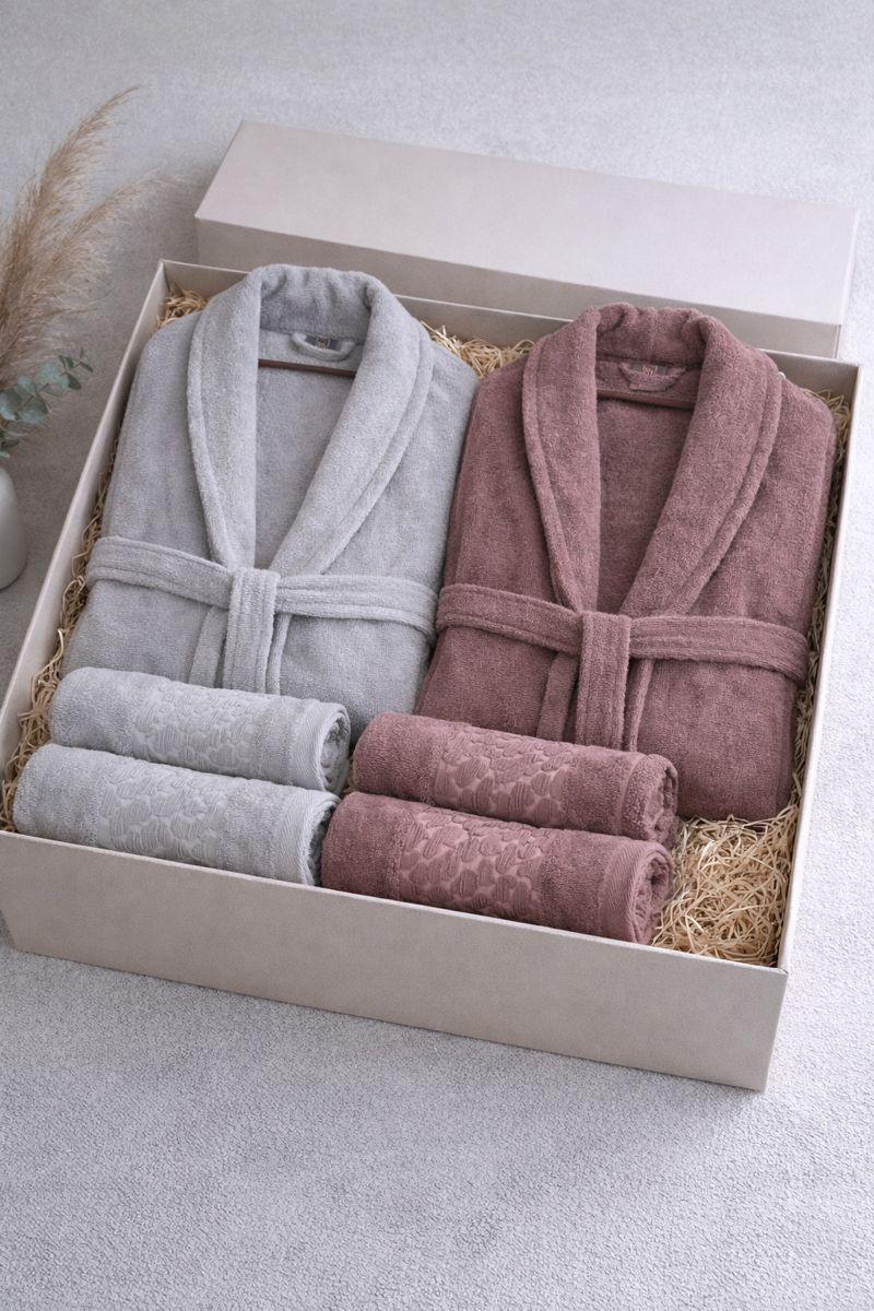 6-Piece Premium 80% Baumwolle Jacquard Bathrobe & Towel Set - Gift Boxed Grey-Powder