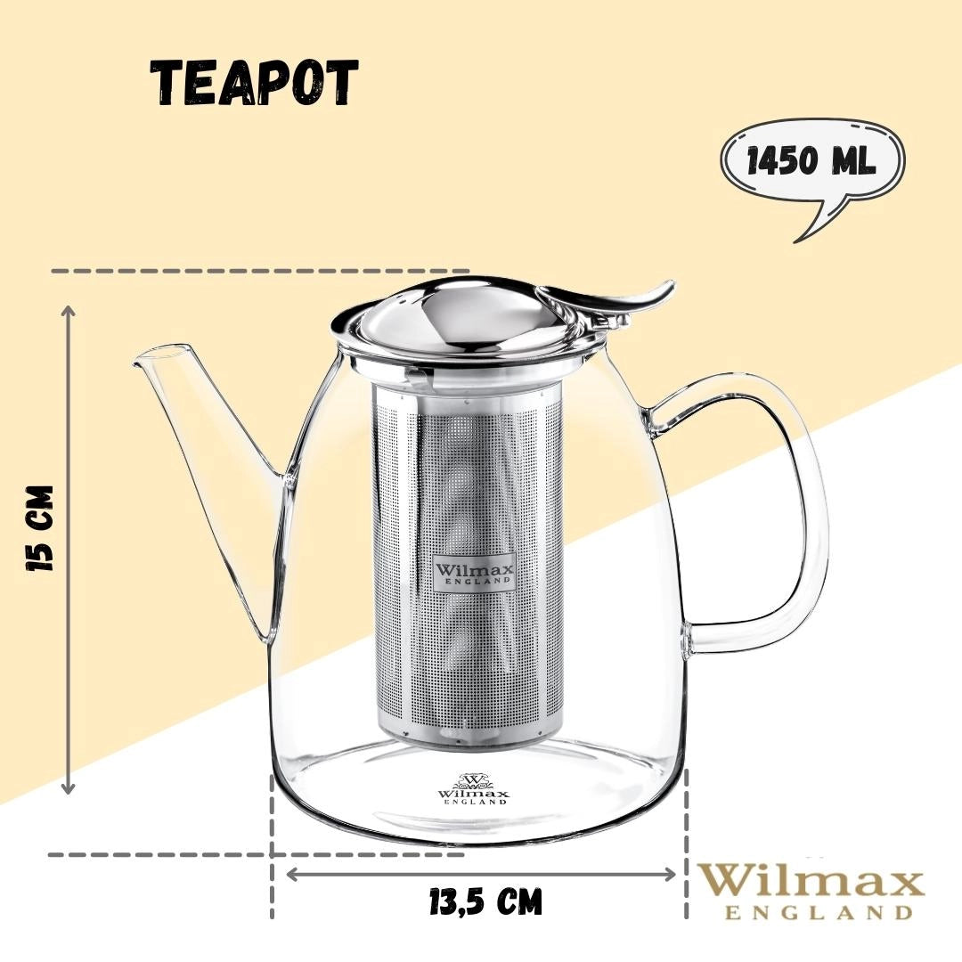 Wilmax Teekanne 1450 ml aus hitzebeständigem Glas mit Filter