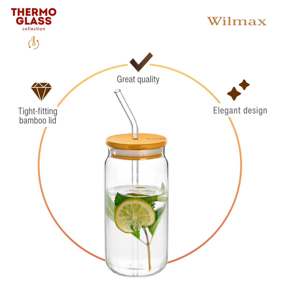 Wilmax Glasbecher 500 ml mit Deckel Trinkhalm WL-888610/A