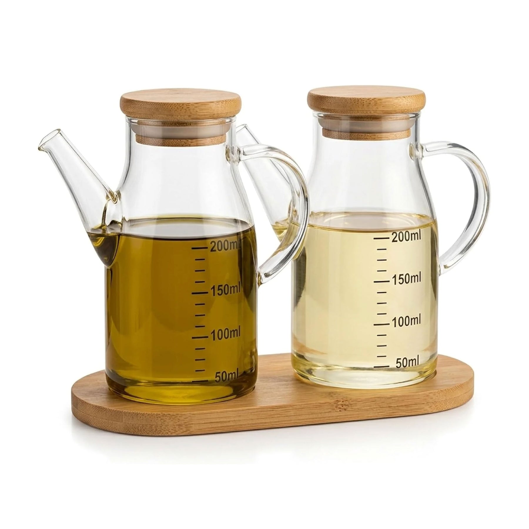 Erkugo Öl- und Essigspender 2er Set - 200 ml Glas mit Bambusdeckel - inkl. Bambusständer