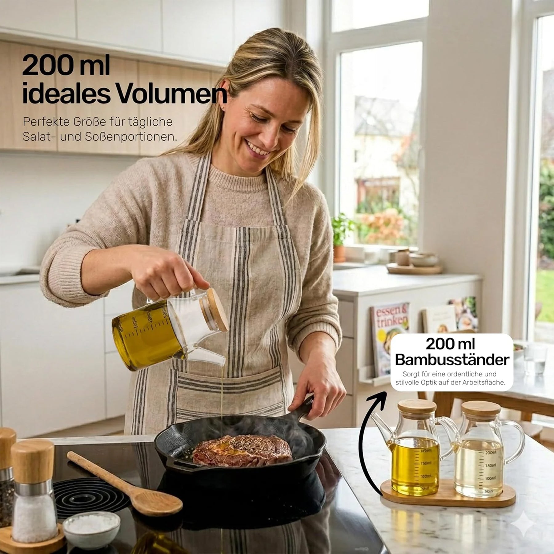 Erkugo Öl- und Essigspender 2er Set - 200 ml Glas mit Bambusdeckel - inkl. Bambusständer