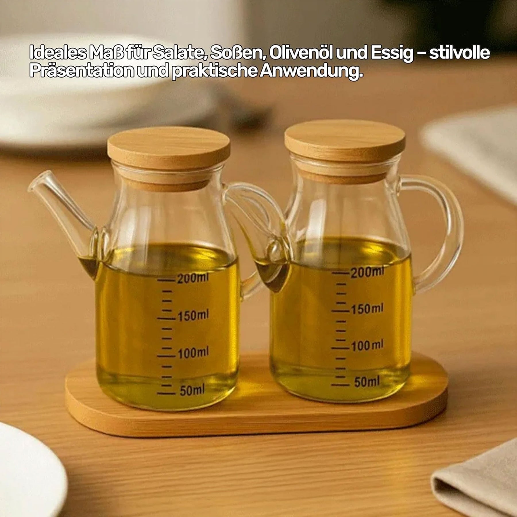 Erkugo Öl- und Essigspender 2er Set - 200 ml Glas mit Bambusdeckel - inkl. Bambusständer