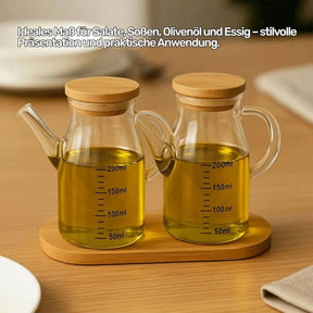 Erkugo Öl- und Essigspender 2er Set - 200 ml Glas mit Bambusdeckel - inkl. Bambusständer