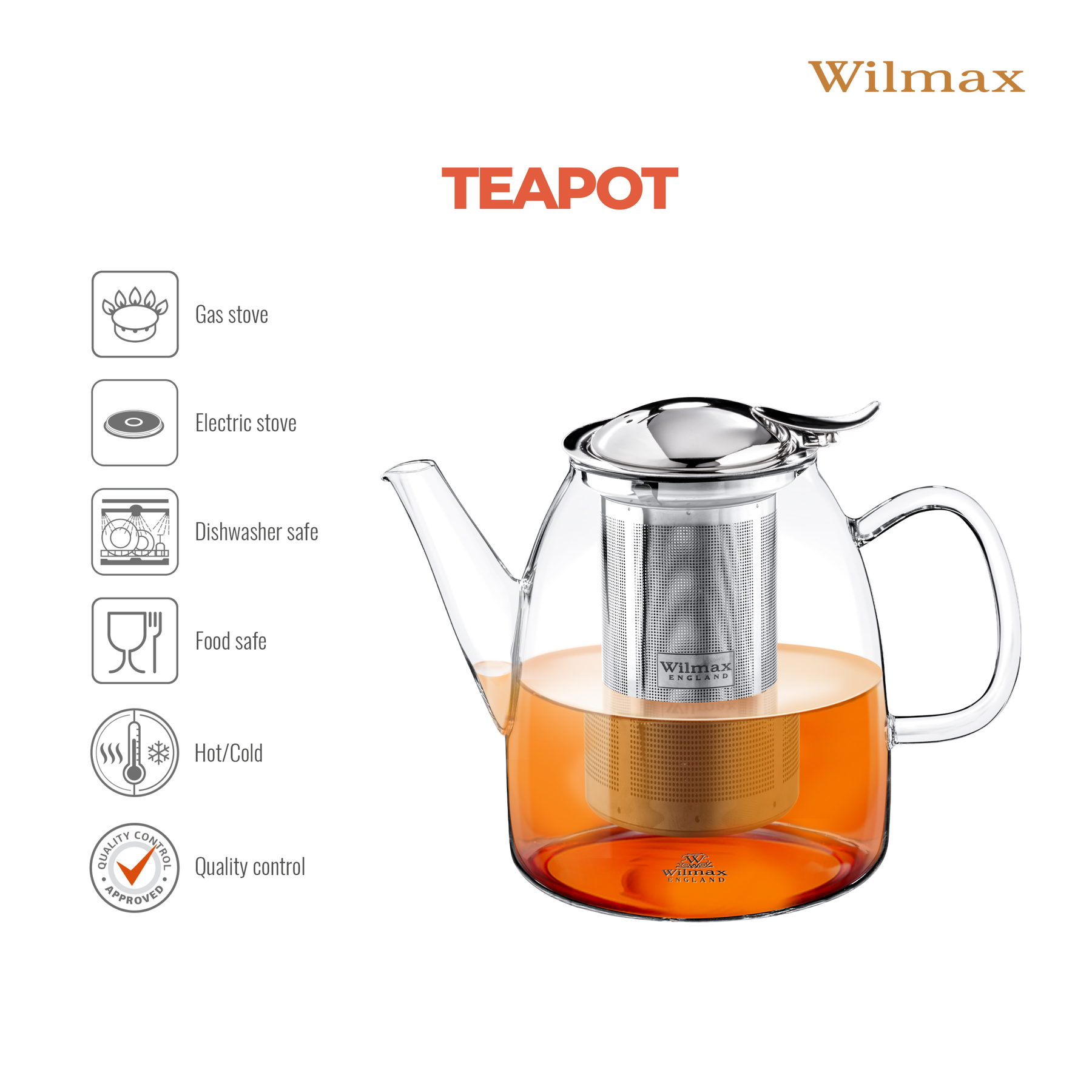 Wilmax Thermoglas Teekanne mit Edelstahl-Teesieb