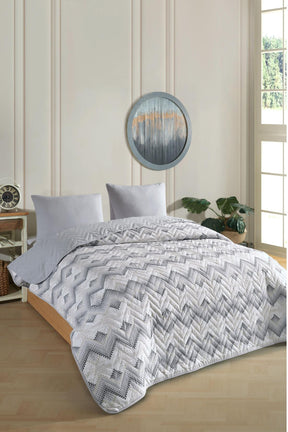 Einzeln gemustertes, gestepptes, doppelseitiges, buntes Piqué-Tagesdecken-Set, 160 x 230 cm (ohne Laken) - Grey
