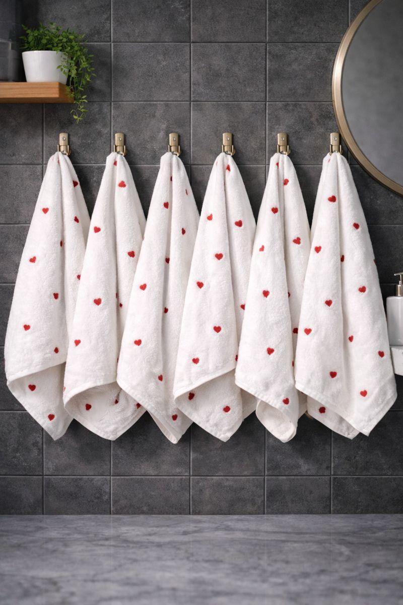 Hochwertiges Hand- und Gesichtshandtuch-Set aus 80 % Baumwolle mit Herzstickerei - 6er-Pack (50x90 cm)