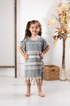 Children's Poncho 100% Cotton Beach Towel Peshtemal Gray