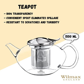 Wilmax Teekanne 1550 ml Thermoglas Edelstahlfilter WL-888806/A