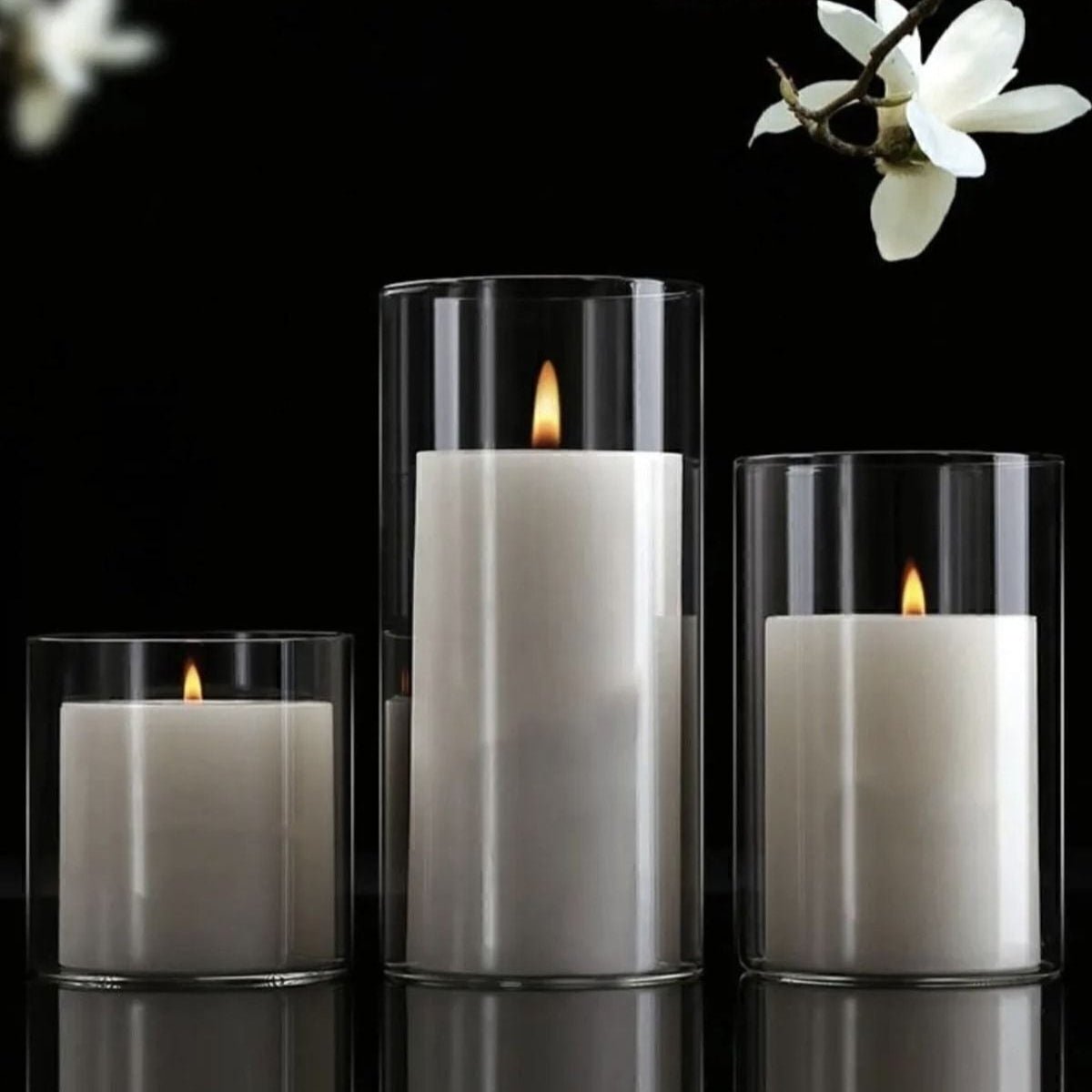 3-teiliges Glasvasen- & Kerzenhalter-Set aus Borosilikatglas - 14/18/22 cm