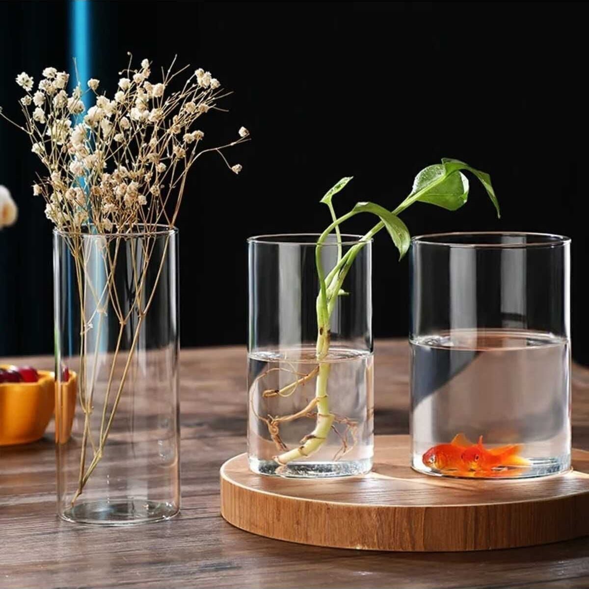 3-teiliges Glasvasen- & Kerzenhalter-Set aus Borosilikatglas - 14/18/22 cm