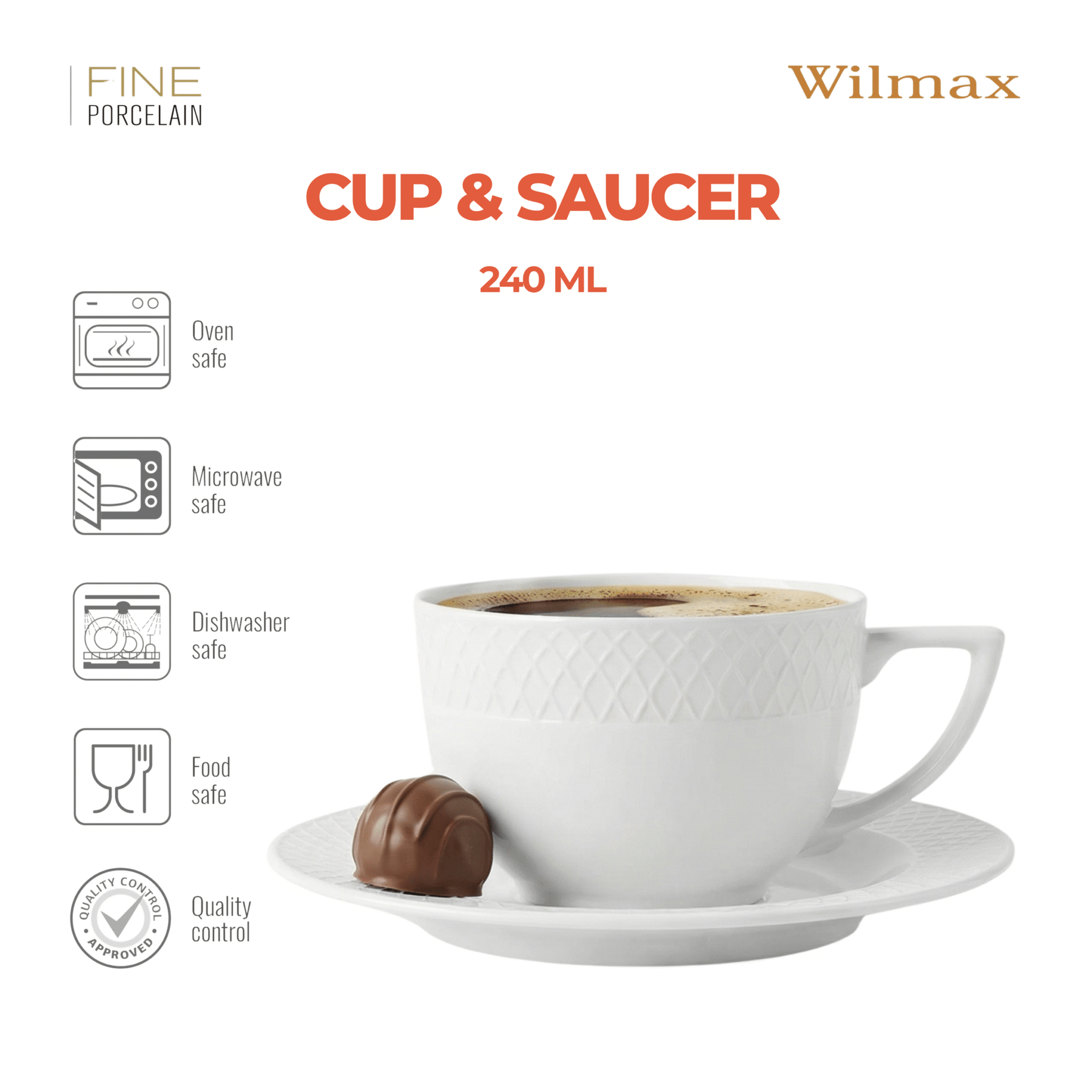 Wilmax Tasse mit Untertasse 240 ml Weiß Porzellan WL-880101404/AB