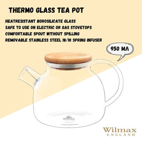 Wilmax Teekanne 950 ml Thermoglas Federfilter Bambusdeckel WL-888810/A