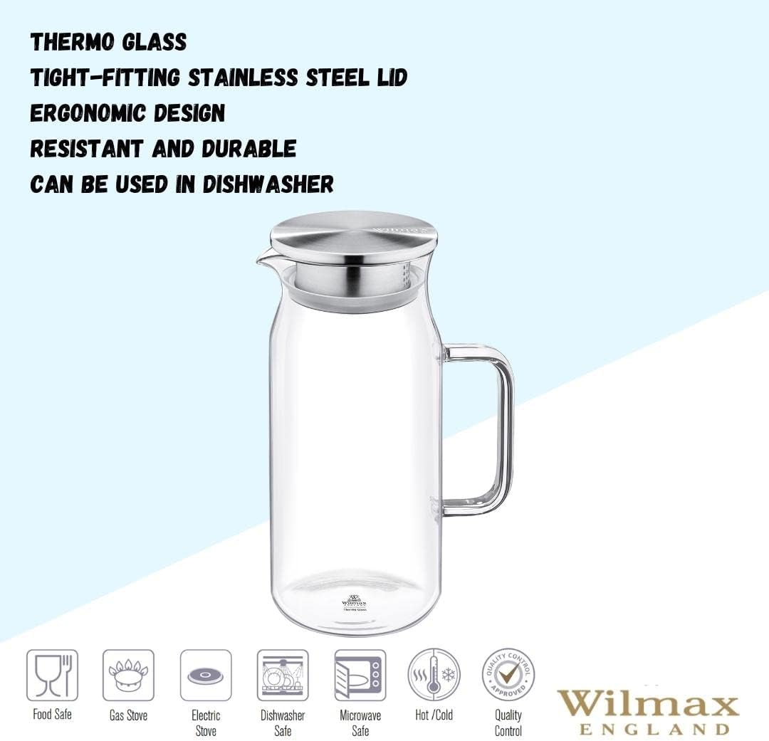 Wilmax Borosilikat Glas Krug mit Edelstahl-Deckel