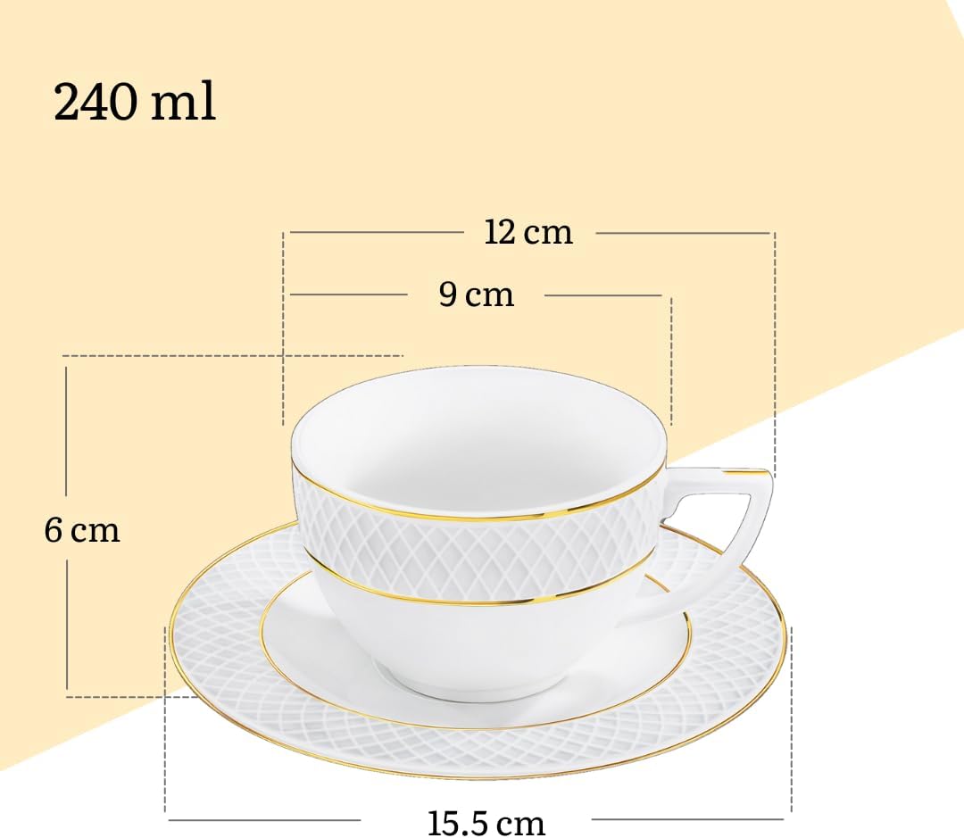 Wilmax Teetasse mit Untertasse 240 ml Weiß Goldrand Porzellan 4er Set WL-880102404/AB4