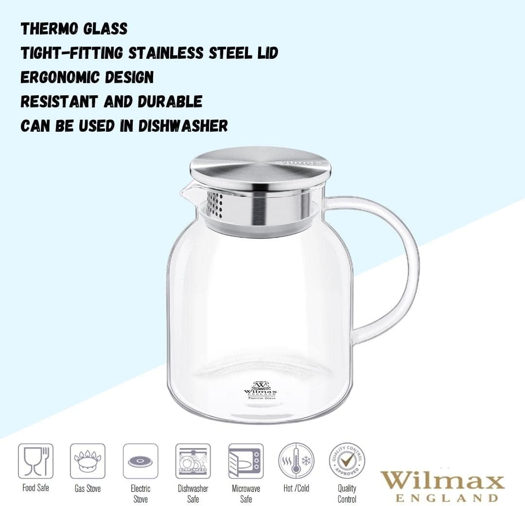 Wilmax Borosilikat Glas Krug mit Edelstahl-Deckel