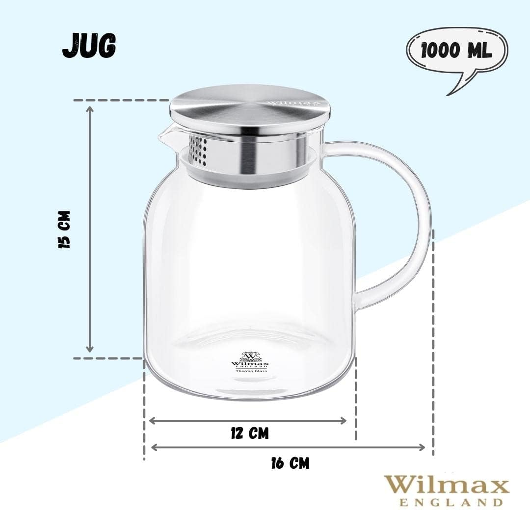Wilmax Karaffe 1000 ml Thermoglas mit Edelstahl Deckel Transparent