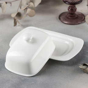 Wilmax Butterdose 19 cm Porzellan Weiß mit Goldmesser Set WL-996109/A-999247/1B