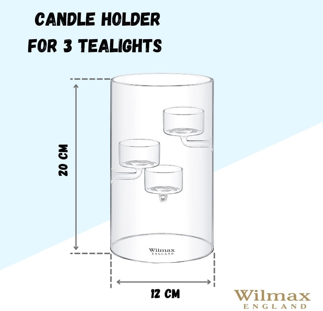 Wilmax Teelichthalter aus Glas für 3 Teelichter, 20 cm