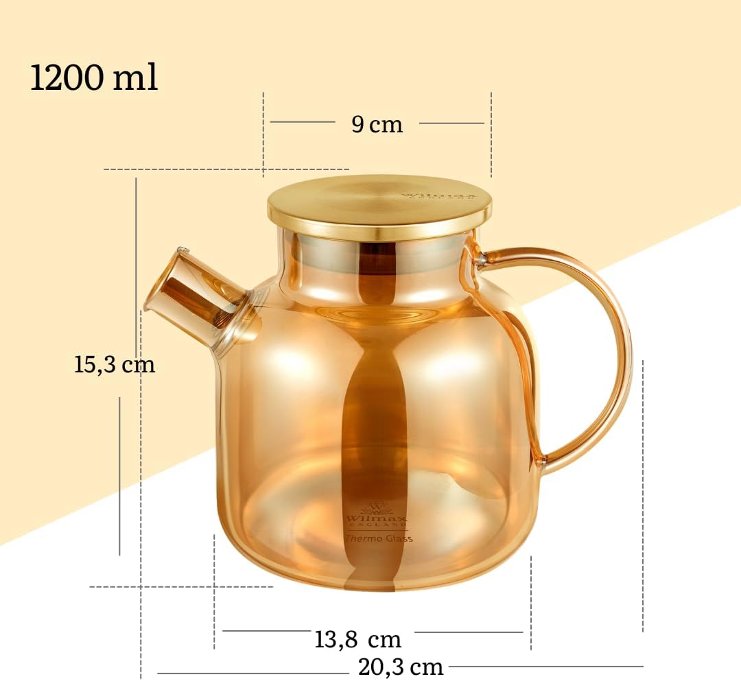 Wilmax Thermoglas Teekanne mit goldfarbenem Edelstahl-Deckel