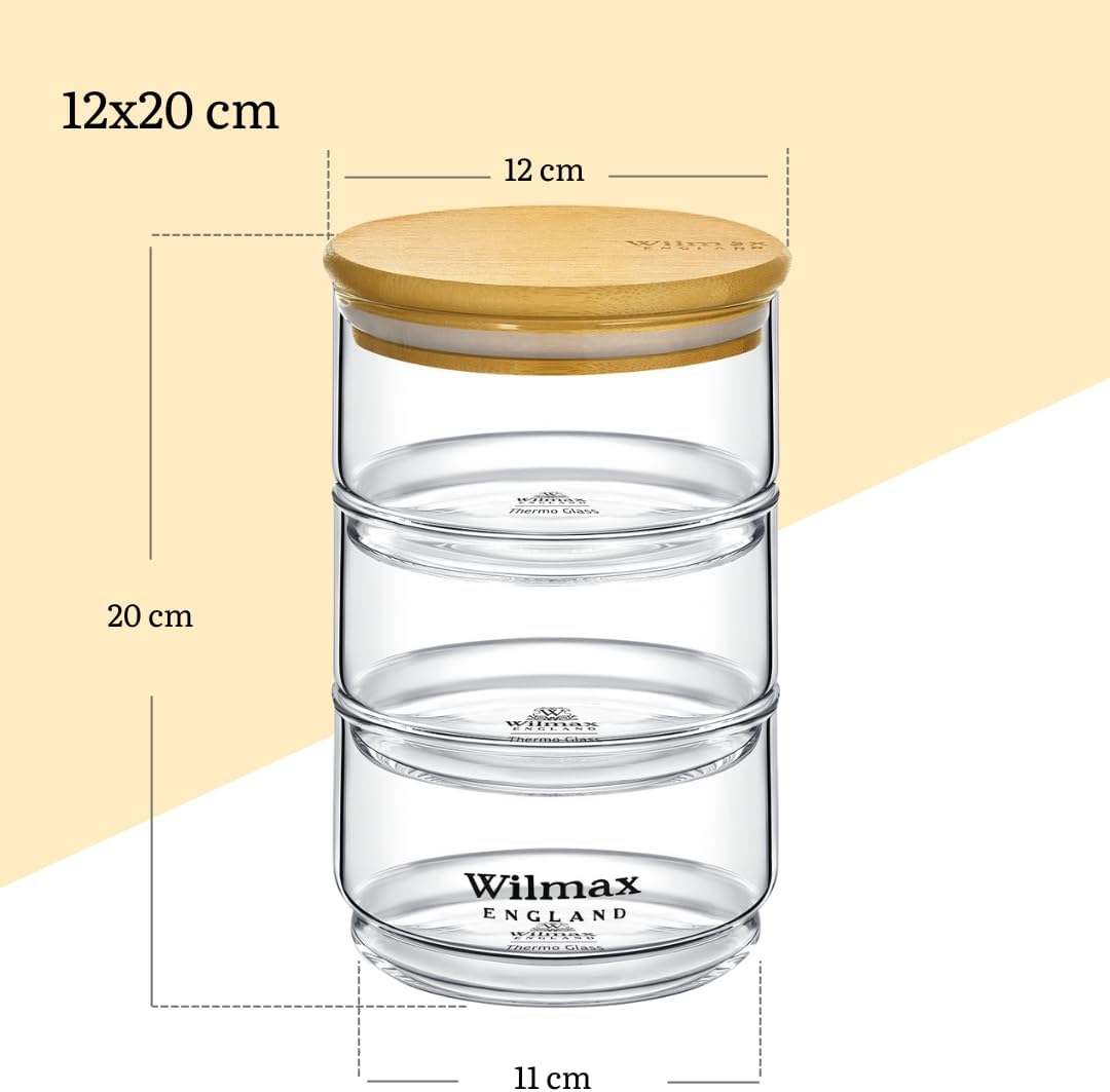 Wilmax 3-stufiges Vorratsglas, 12 x 20 cm, Thermo-Glas & Bambusdeckel