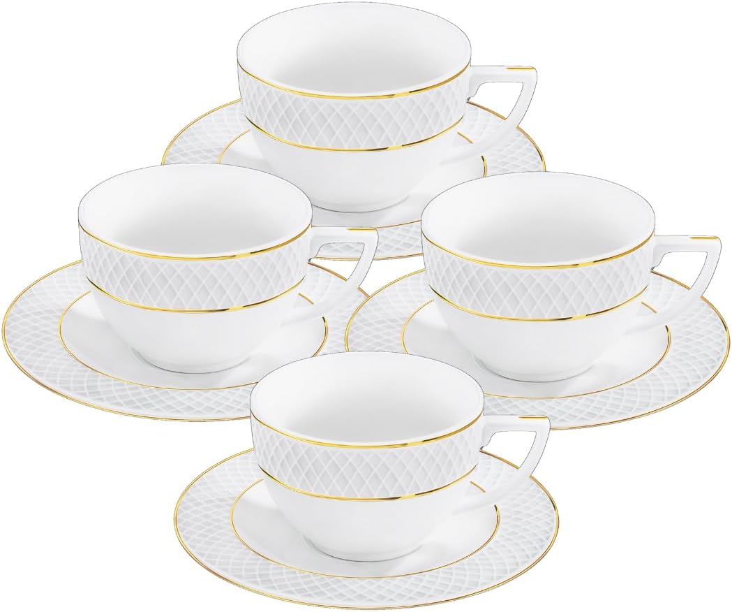 Wilmax Teetasse mit Untertasse 240 ml Weiß Goldrand Porzellan 4er Set WL-880102404/AB4