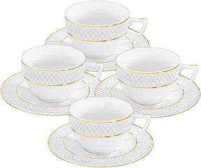 Wilmax Teetasse mit Untertasse 240 ml Weiß Goldrand Porzellan 4er Set WL-880102404/AB4