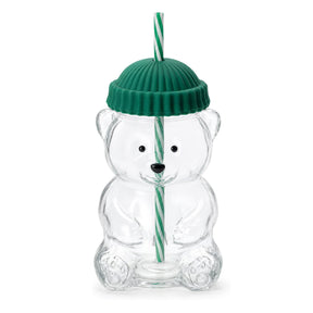 Erkugo Süßer Bärenbecher mit Strohhalm und Silikondeckel 590 ml Glasbecher (Grün)