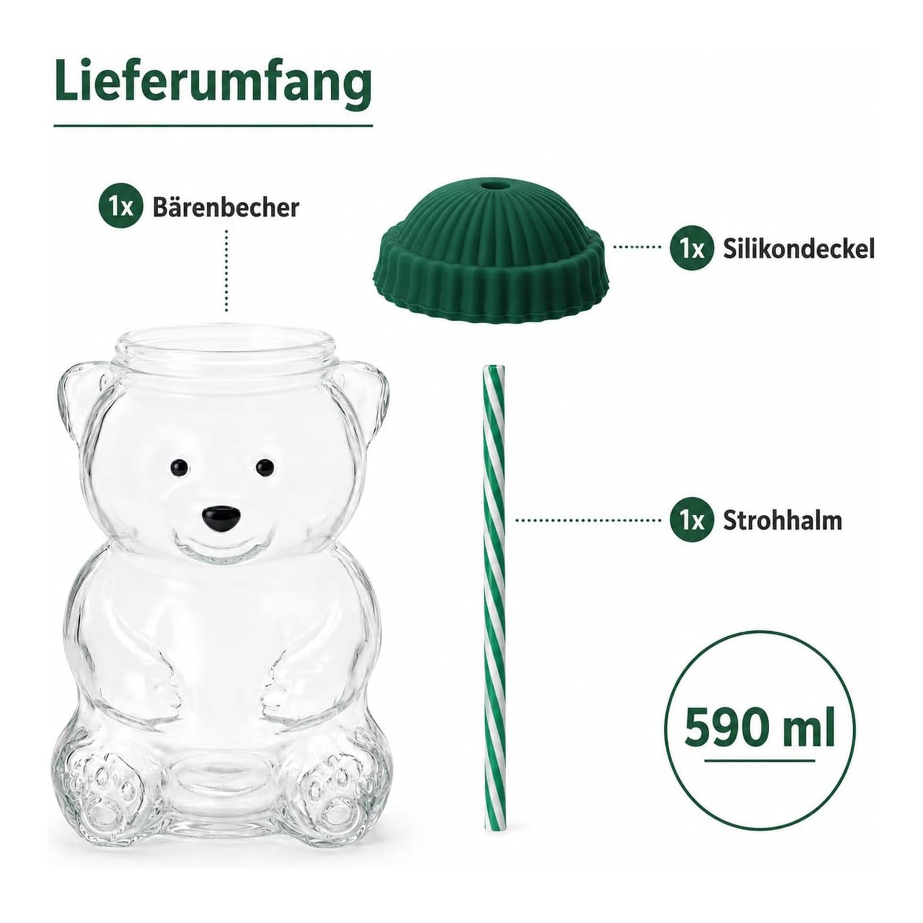 Erkugo Süßer Bärenbecher mit Strohhalm und Silikondeckel 590 ml Glasbecher (Grün)