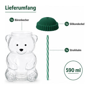 Erkugo Süßer Bärenbecher mit Strohhalm und Silikondeckel 590 ml Glasbecher (Grün)