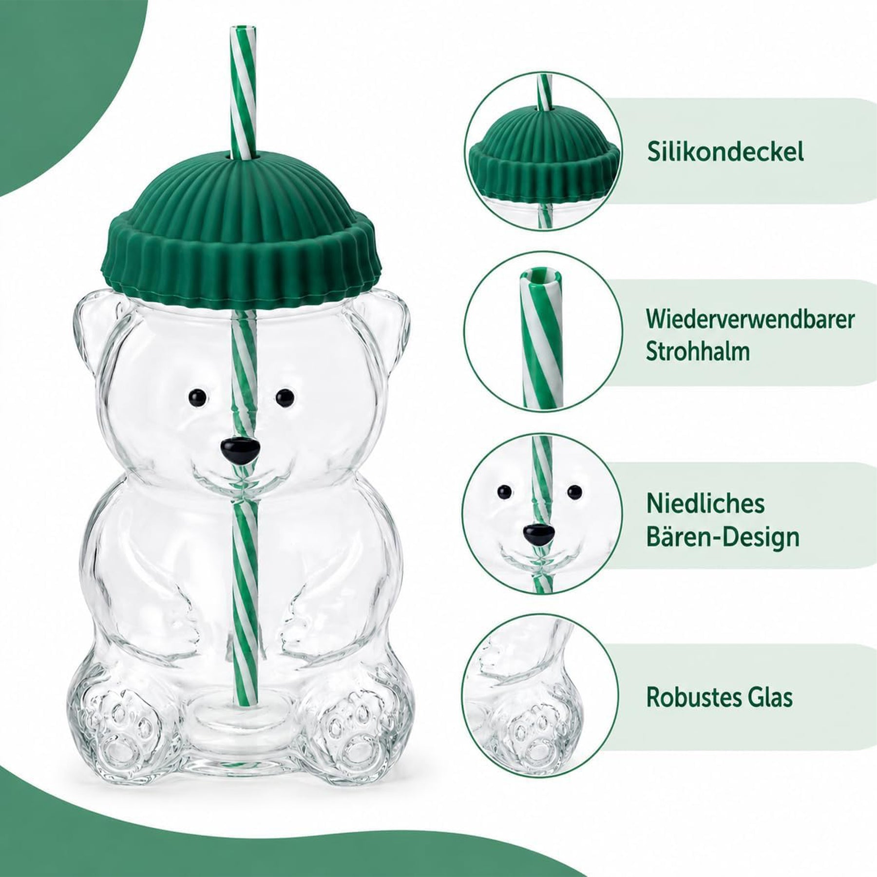 Erkugo Süßer Bärenbecher mit Strohhalm und Silikondeckel 590 ml Glasbecher (Grün)